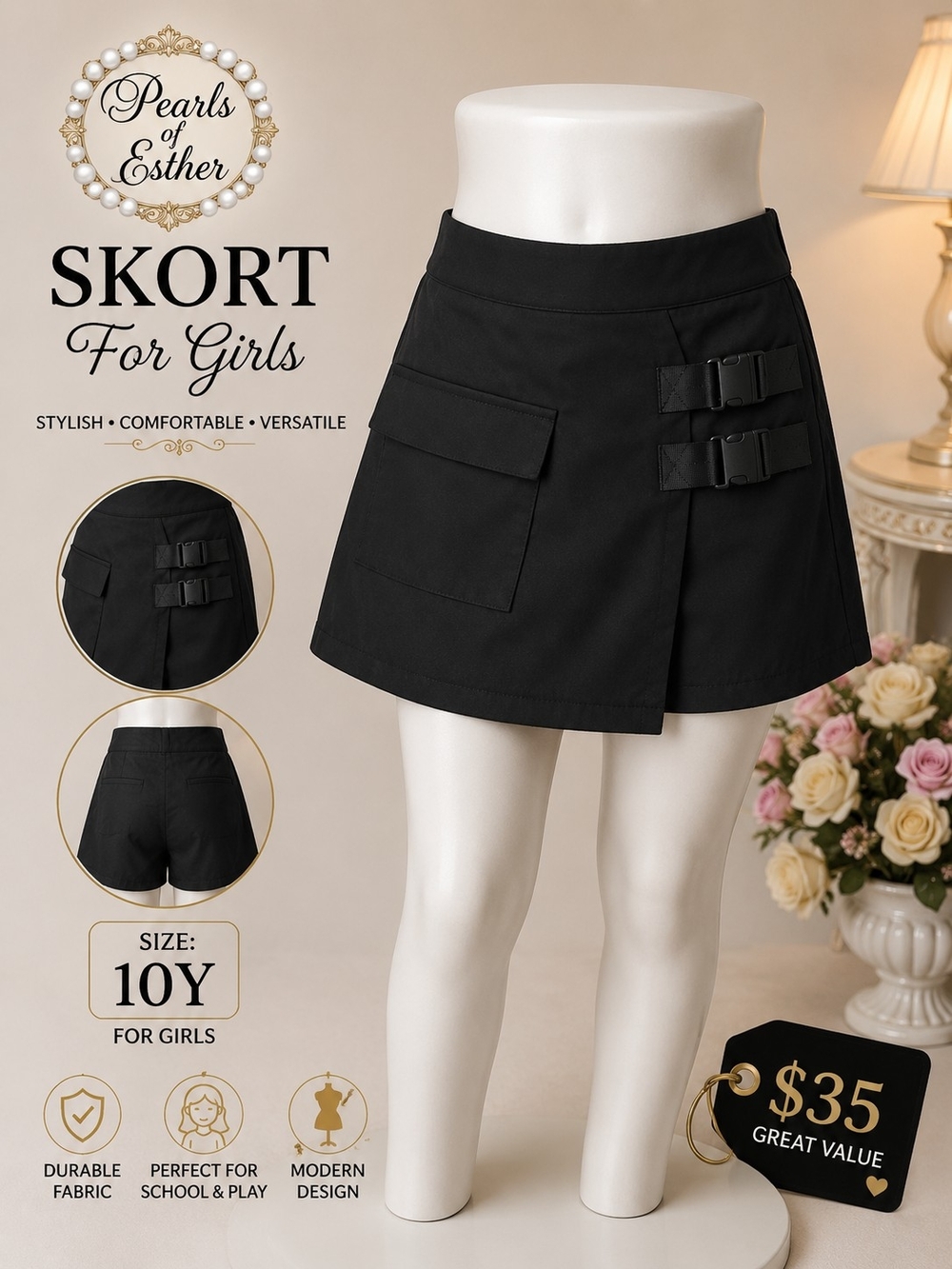 SHEIN Black Girls' Skort with Side Buckles
